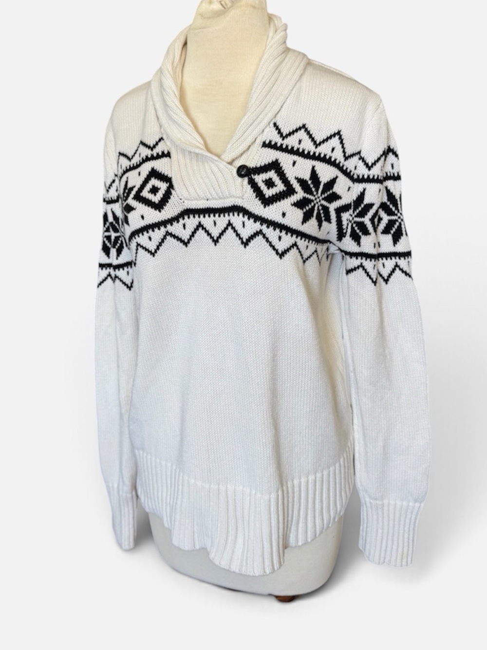 Fair Isle Chunky Knit Shawl Neck LS Sweater Preppy Womens Large Comfy Cotton